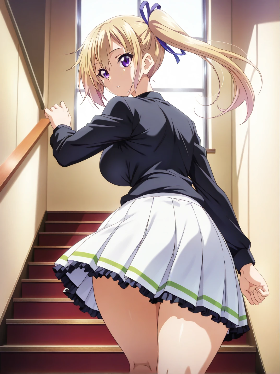 score_9, score_8_superior, score_7_superior,
One girl, Makah Albarn, Blonde, Green Eyes, Twin tails, Beige sweater vest, Green tie, Kick,足をsuperiorげる,Panty shot,White panties,
