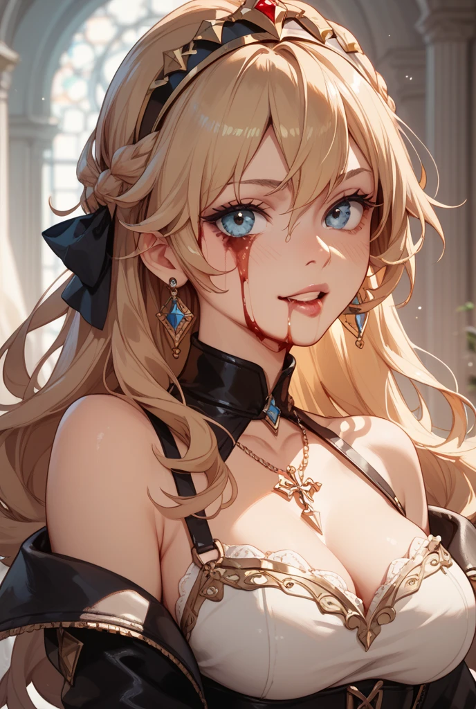 Delicate features,gothic ribbon headband , Eyelids wide open, The trend is all,Crazy Smile, Open your mouth wide, 口を開けてteethをむき出しにする,獣のような鋭いteeth, Wide lips, very wide mouth, Vermilion cheeks, Blonde, Princess Cut, Ribbon hair ornament, brooch, Shiny candy blue dress, Gold embroidery,Lolita Style, Gothic style, Facing the audience, Otaku Room, Well-built body, Nice body, Ample breasts, Thick body,Eyes Wide Open、Scary atmosphere、Distorted facial expressions、ねじれた笑face、Bloodstained、bleeding from the head,、Blood splatter、whole body、Long Hair、Long bangs、(((Dark circles under the eyes)))、Pale skin、Feeling unwell、Pathological、邪悪な笑face、Crazy Eyes、(Grin)Dramatic makeup,Create mixed media art,Well-built,Nice body,Broad shoulders,I focus,(face),Messy Hair,Yellow Eyes,(Glowing Eyes),(Blood splatter:1.6),Red light,笑face,big 笑face,teeth,psycho 笑face,gesugao,Dark city background,darkness,night,(close),Good Eyes, 良いteeth,サディスティックな笑face,,all,Shiny skin,詳細なface,Beautiful body,whole body油まみれで光沢感がある whole bodyから湯気が出ている Steam like a sauna room fills the screen.. White breath from the mouth Luxurious lace long gloves