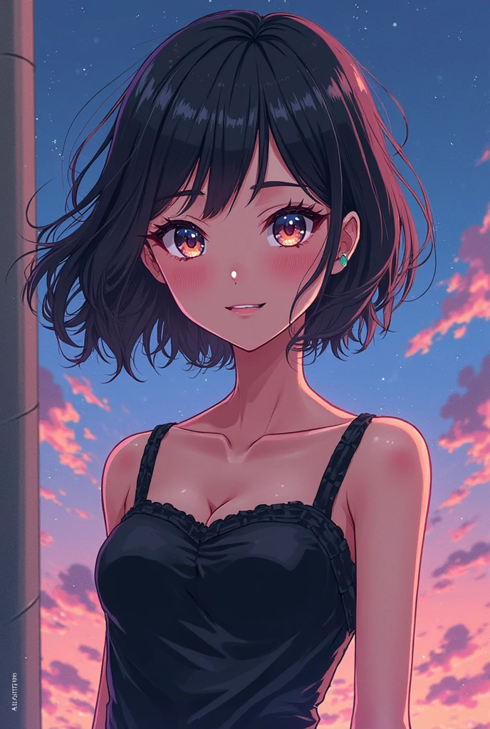 Adult female anime, blue eyes, short dark brown hair, pale white skin, red dress