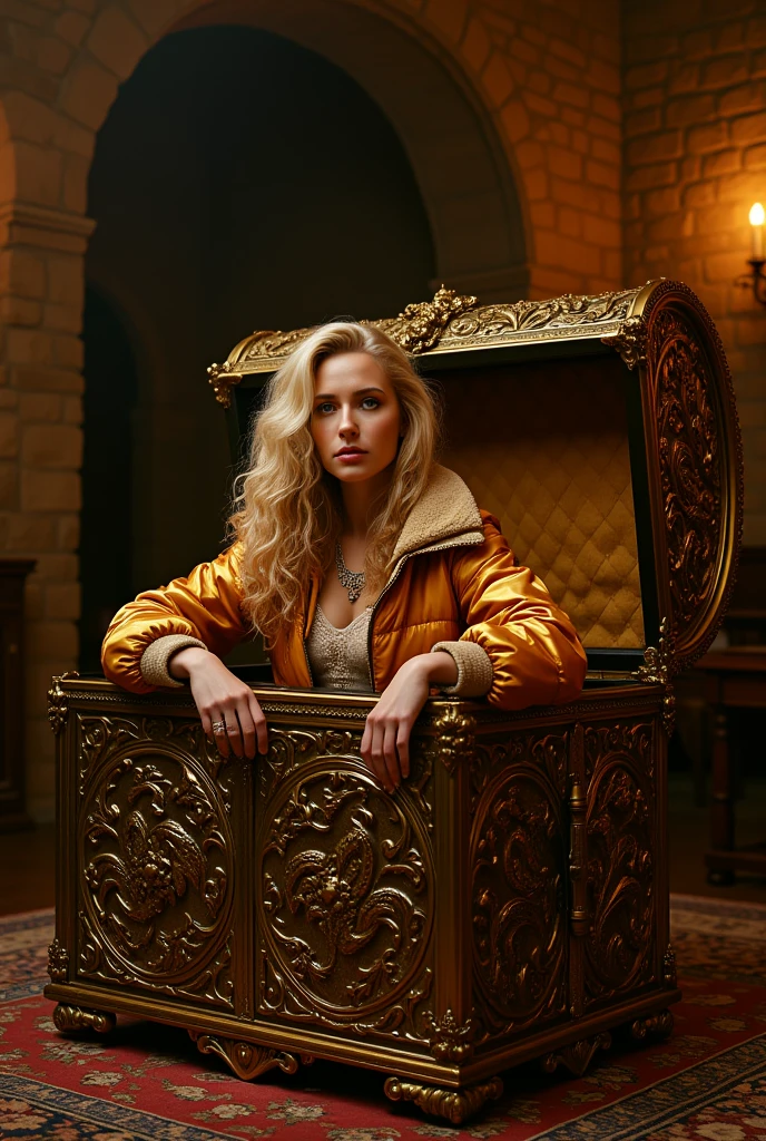 masterpiece, best quality:1.2, 1girl, solo,european slender blond LaGermania beautiful European smiling girl with golden blonde hair styled in a delicate half updo, soft tendrils framing her face. tattered velvet curtains, aged oak furniture with worn carvings, dusty leather-bound books with cracked spines, a tarnished silver candelabra, chipped porcelain figurines, an old iron key with rusted edges, weathered stone fireplace with soot stains, ancient brass oil lamp with a cloudy glass chimney, faded tapestries depicting medieval scenes, worn-out woolen rug with frayed edges, creaky wooden floorboards, a grand but cracked mirror with a gilded frame, timeworn wooden table with scratches, ancient goblets made of pewter, faded portrait paintings in elaborate frames, an old iron chandelier with missing crystals, a dusty harpsichord with yellowed keys, moth-eaten velvet cushions, a chipped ceramic vase with dried flowers, cracked marble bust on a pedestal, rusty iron door handles, old stained glass window depicting saints, a weathered wooden coat rack, an antique writing desk with ink stains, an old quill and inkwell, a cracked ceramic pitcher, cobwebbed corners, worn leather armchair with faded upholstery, a large brass clock with a missing hand, an ancient wooden chest with iron straps, a tattered lace tablecloth, a tarnished silver tray with a dent, dusty velvet drapes tied back with frayed silk cords, an old-fashioned spinning wheel with missing parts, a faded map of France on the wall, a heavy iron candlestick with melted wax drips, a wrought iron bed with a creaky frame, an ancient sword mounted on the wall, a rusted iron fireplace grate, an old wooden cupboard with peeling paint, a weathered bronze statue of a knight, an aged silver mirror with a cracked surface, a faded tapestry hanging on the wall, an ancient wooden rocking chair with a worn seat, and a dusty velvet armchair with a sagging cushion.