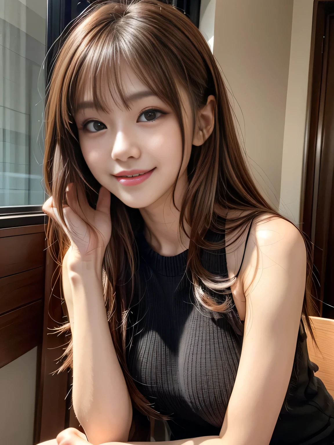 Ultra-high resolution, Superior Quality, highest quality, Super detailed, Realistic, 8K, RAW Photos, highest quality, masterpiece, Attractive girl, A wonderful girl, Brown Hair, Shoulder-length layered, Mesh Hair, Japanese Idols, Sophisticated, stylish, blouse,smile、Random cute poses、Selfie composition、Right hand to mouth、I'm in the city,Super huge