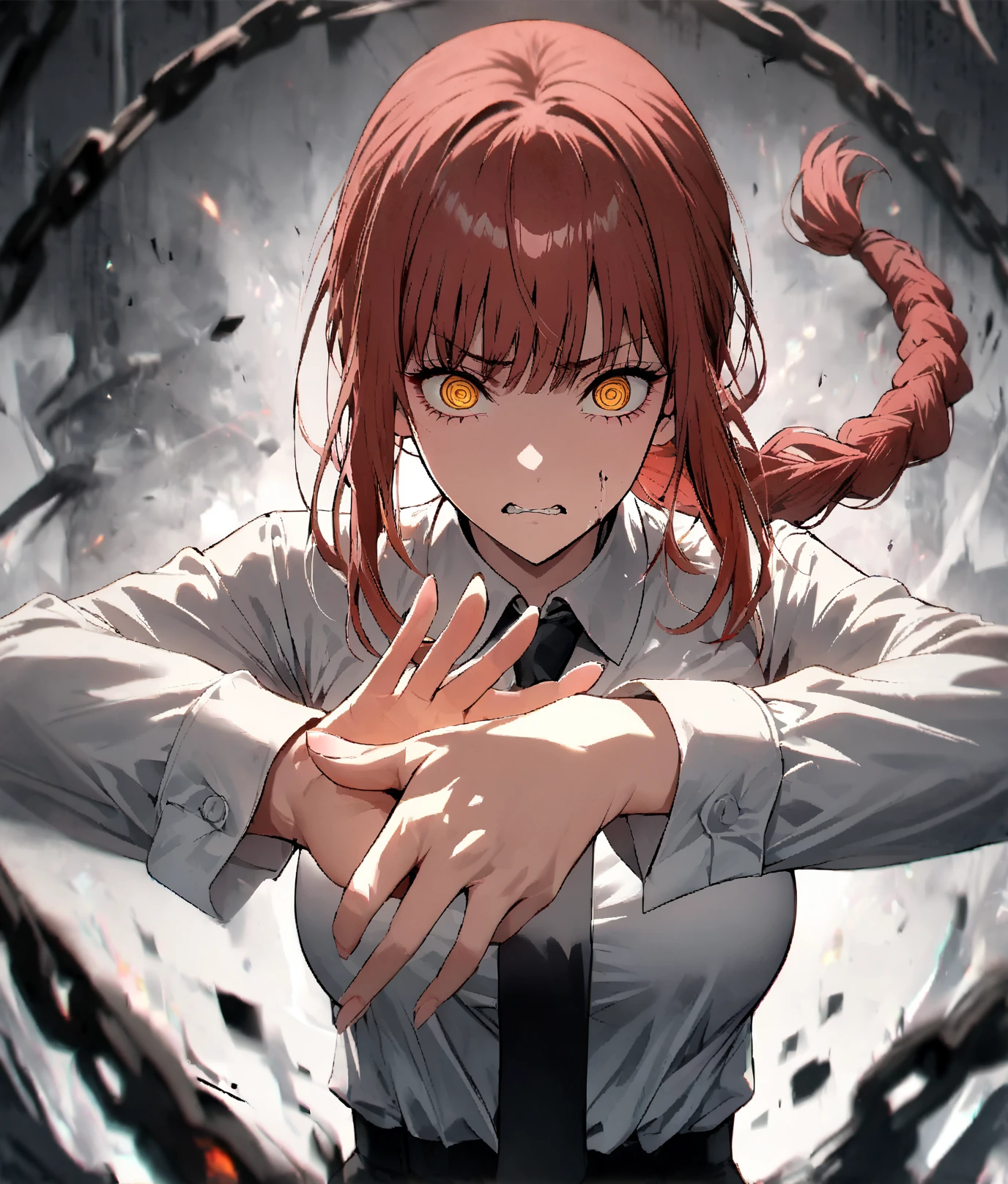 fleeing, braided ponytail, surrounded eyes, Red hair, yellow  eyes, collar shirt, black necktie, black pants, black greatcoat, cowboy shot, front viewer, hands behind the back, darkness background, blood on shirt, drlight smile, glare eyes,  The wide eyes, darkness, silhuette,