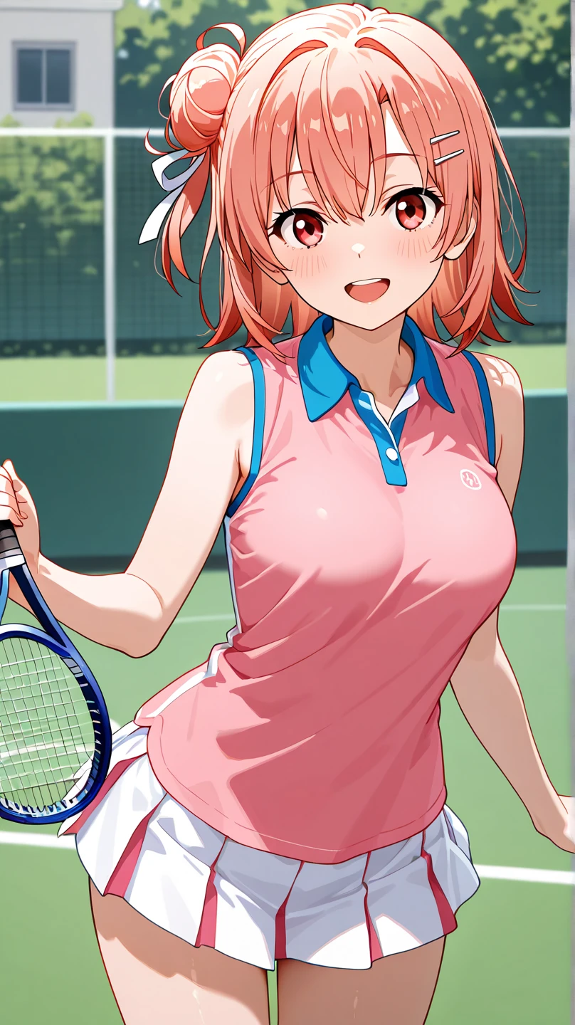 mika pikazo, silence_suzuka_\umamusume\), ((topless)), nsfw, masterpiece, white skirt, visor cap, solo, 1 girl, horse ears, horse tail, erect nipples, nipples, navel, large shoes, bare breasts, bare stomach, sweaty, cowboy shot, small breasts, headband, hair ornament, outdoors, tennis court, holding tennis racket, collarbones, blue sky, sunny, slim waist, orange hair, detailed eyes, beautiful eyes, wet, aque eyes, necklace, trees, smiling, open mouth, buttoned