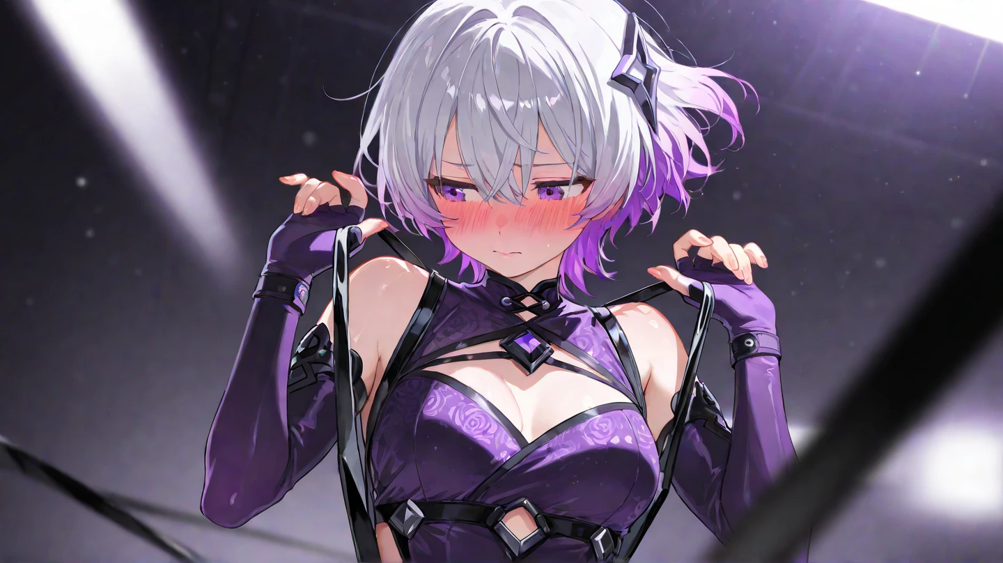 (top-quality、masterpiece:1.2)、1girl in、Beautiful fece、Beautiful fece、styles、elegent、enticing、A sexy、Beautiful and well-groomed face、beautidful eyes、beautiful hairl、slick skin、Beautiful mouth、smooth legs、Carnal body、((Jeanne d'Arc Alter))Characters of fate,Fashionable with a change of clothes、White hair、One hand is on his hip、Eyes of Gold、Black armor、Colossal tits、Big buttocks、femele、 ((Vicious look、Vulgar smile))