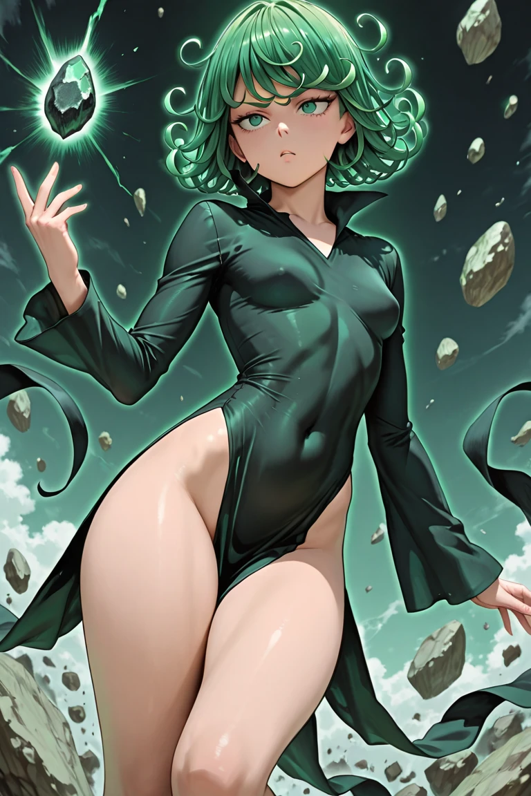 tall anime woman short green hair robust body naked