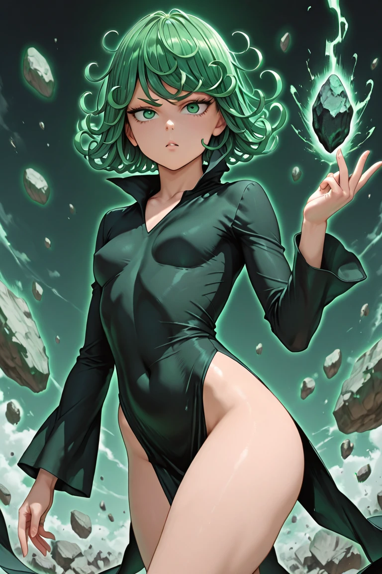 (beste-Qualit, 8K, 12), 1 girl, tatsumaki, Short Hair Hair, green hair, giant breast, the perfect body, ultra detail face, detailed lips, Slender Eyes, black dress, standingn, enticing, Excited, convex areolas, in heat, Milf, steam, Sex, trembling, , Looking Up, From directly above, ahegao, sperm on face, Wet