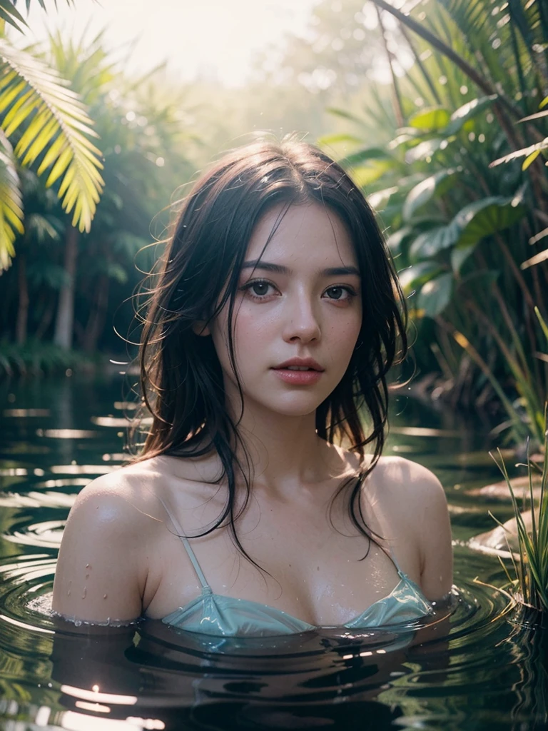 close up portrait of a cute woman (gldot) bathing in a river, reeds, (backlighting), realistic, masterpiece, highest quality, lens flare, shade, bloom, [[chromatic aberration]], by Jeremy Lipking, by Antonio J. Manzanedo, digital painting,