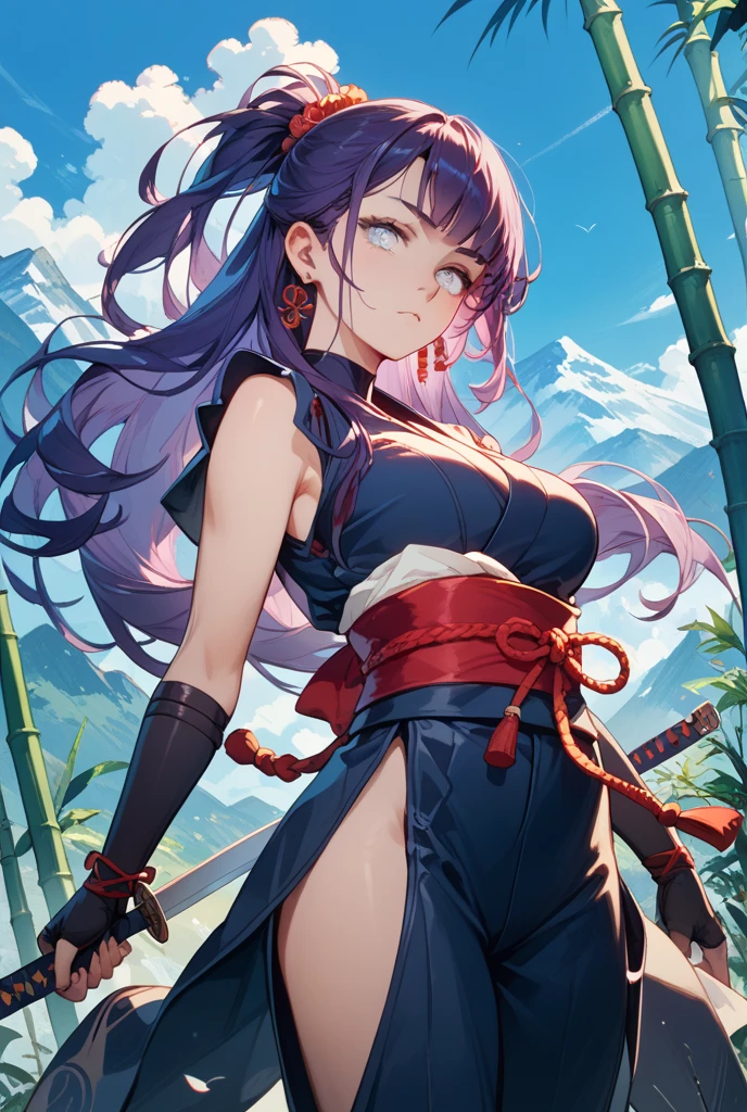Woman holding sword in right hand near water cliff, 1girl in, arma, muscular, Sword, Solo, muscularwoman, Holding, breasts, holding weapon, katanas, Black hair, holding swords, Looking back, Looking at Viewer,Shion, Single Kikaku, Purple hair, Big Breast, cleavage, Purple eyes, Ponytail