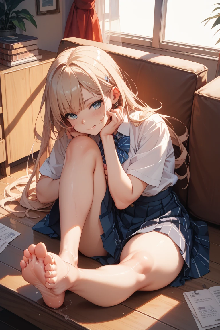 In 8K、highest quality、masterpiece、Ultra-detailed、Ultra-high resolution、((1 person))、With a girl、uniform、ponytail、Blonde、Braided hair、compensate、Checked mini skirt、Home、Sitting on the floor、White panties、(barefoot)