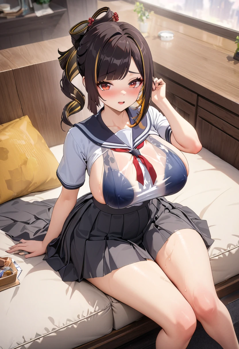 nsfw, (highly detailed beautiful face and eyes:1.2), (((lying))), nsfw, bbfumika, idolmaster, long hair, hairband, ((Sailor School uniform)), ((huge breasted)), Brown panties under pantyhose, torn pantyhose, pussy cutout pantyhose, ((white pantie)), 1girl, solo, (lift shirt:1.5), (show off breasts:1.5), (spread legs, legs up), (pleated mini skirt:1.3), from below, (white pantie, lift skirt, pantie shot, blush), (blushing:1.6), (town overview), detailed landscape, (best quality,masterpiece:1.2), intricate details, extremely detailed,8k resolution, natural lighting,