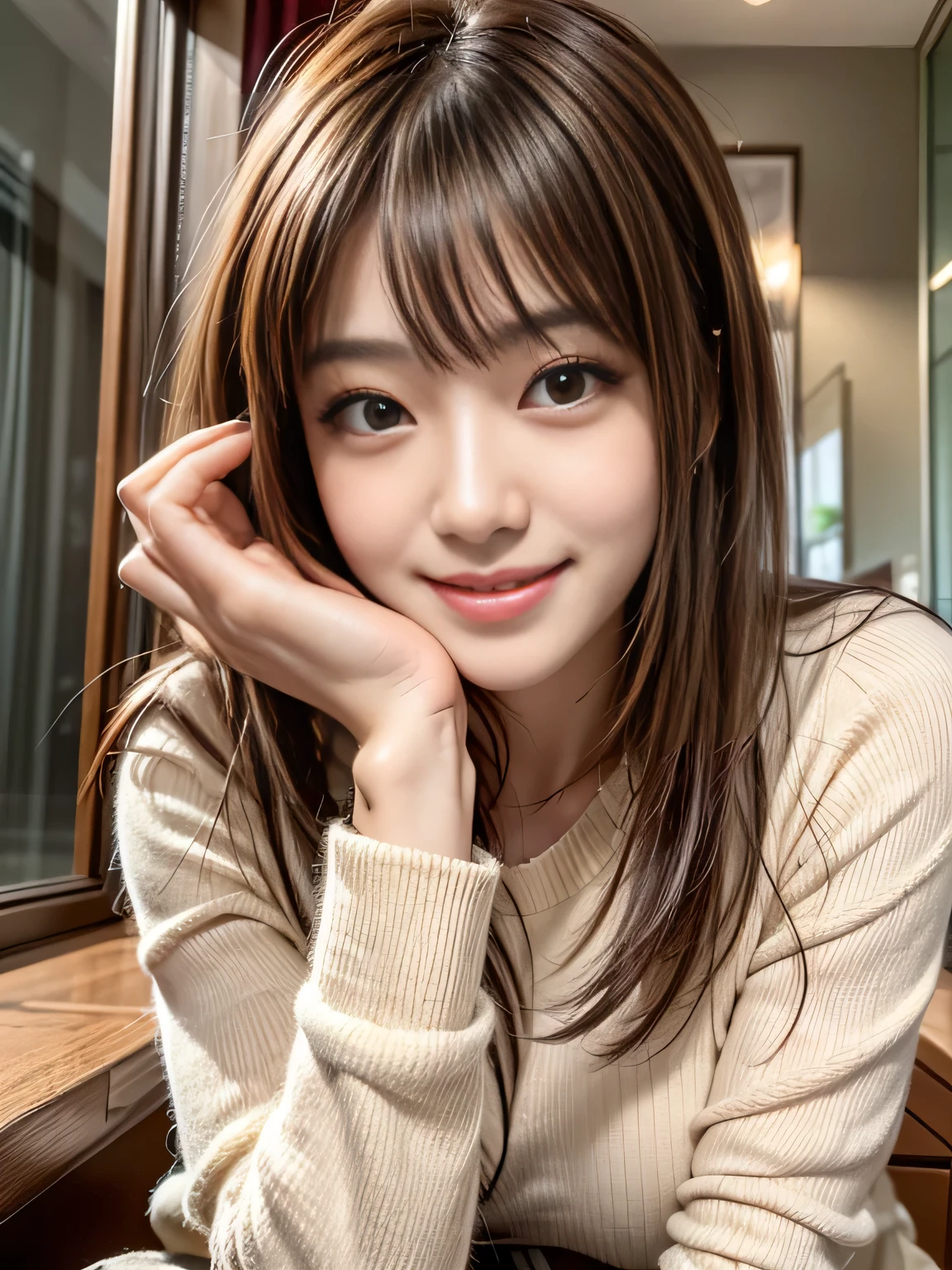 Studio Lighting, Depth of Field, full-body shot, slim, , Only cute face, Smile, Beautiful detailed eyes, 19 years old Japanese, beautiful, fluffy curls，Warm gold, square, casual