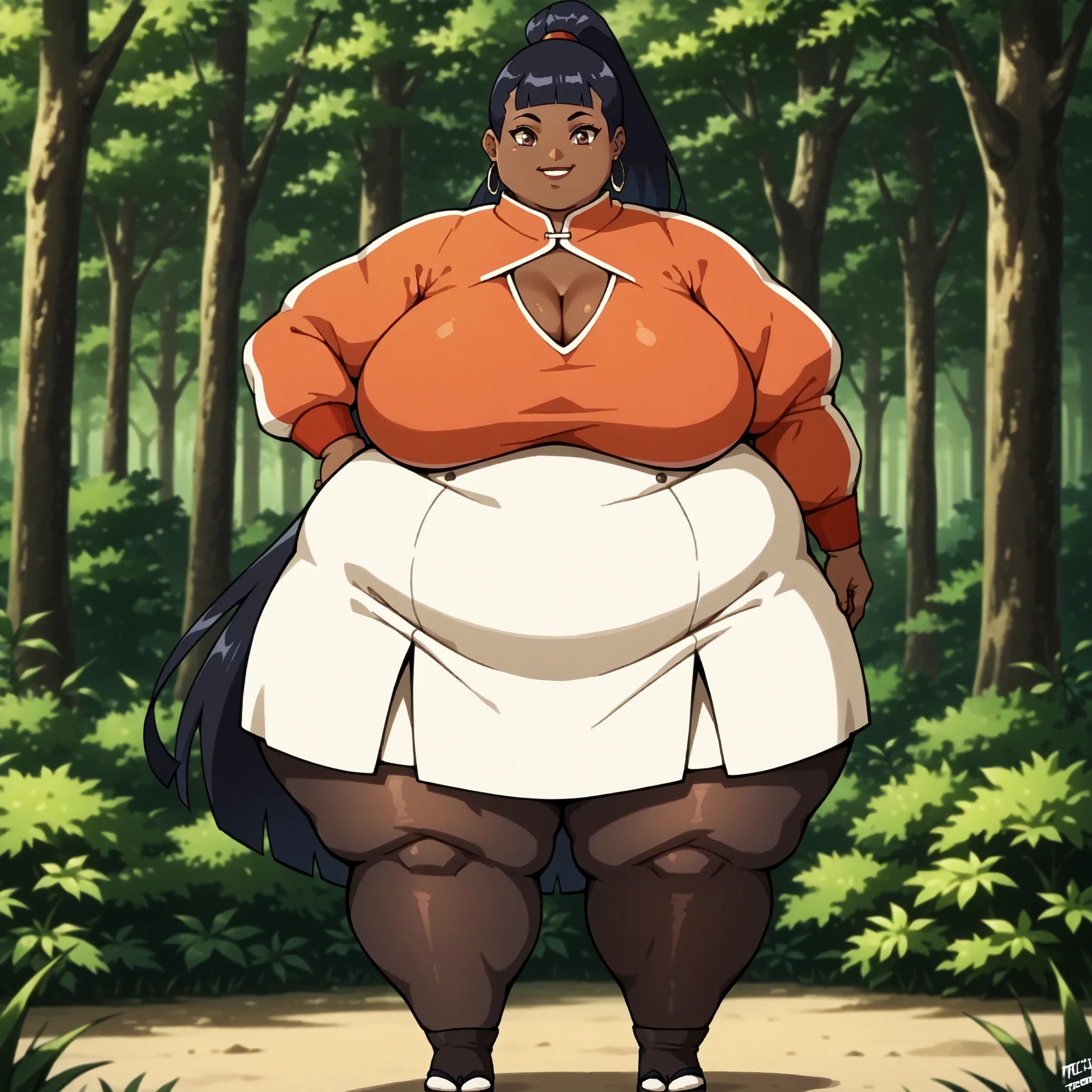 haylin, haylin, black hair, blunt bangs, ponytail, very long hair, brown eyes, dark skin ,hoop earrings, bottom lip, pacifica outfit, cleavage, long sleeves, pantyhose, breasts, wide hips, thick thighs, full body, 1girl, solo, solo female, score_7, score_7_up, forest background, smiling,
