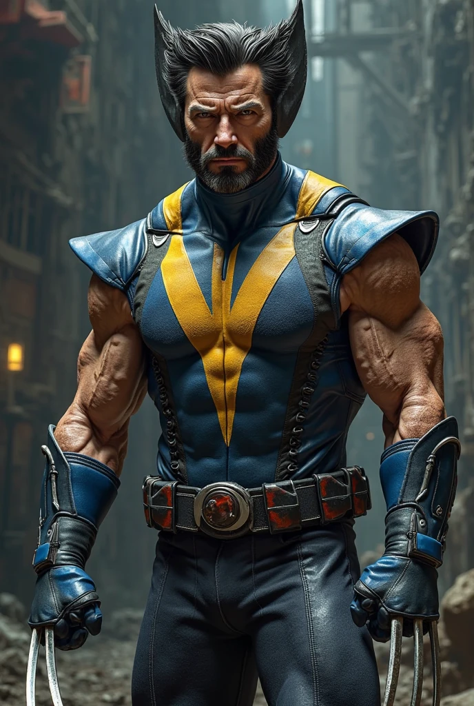 Hugh Jackman with the more realistic blue and yellow Wolverine costume