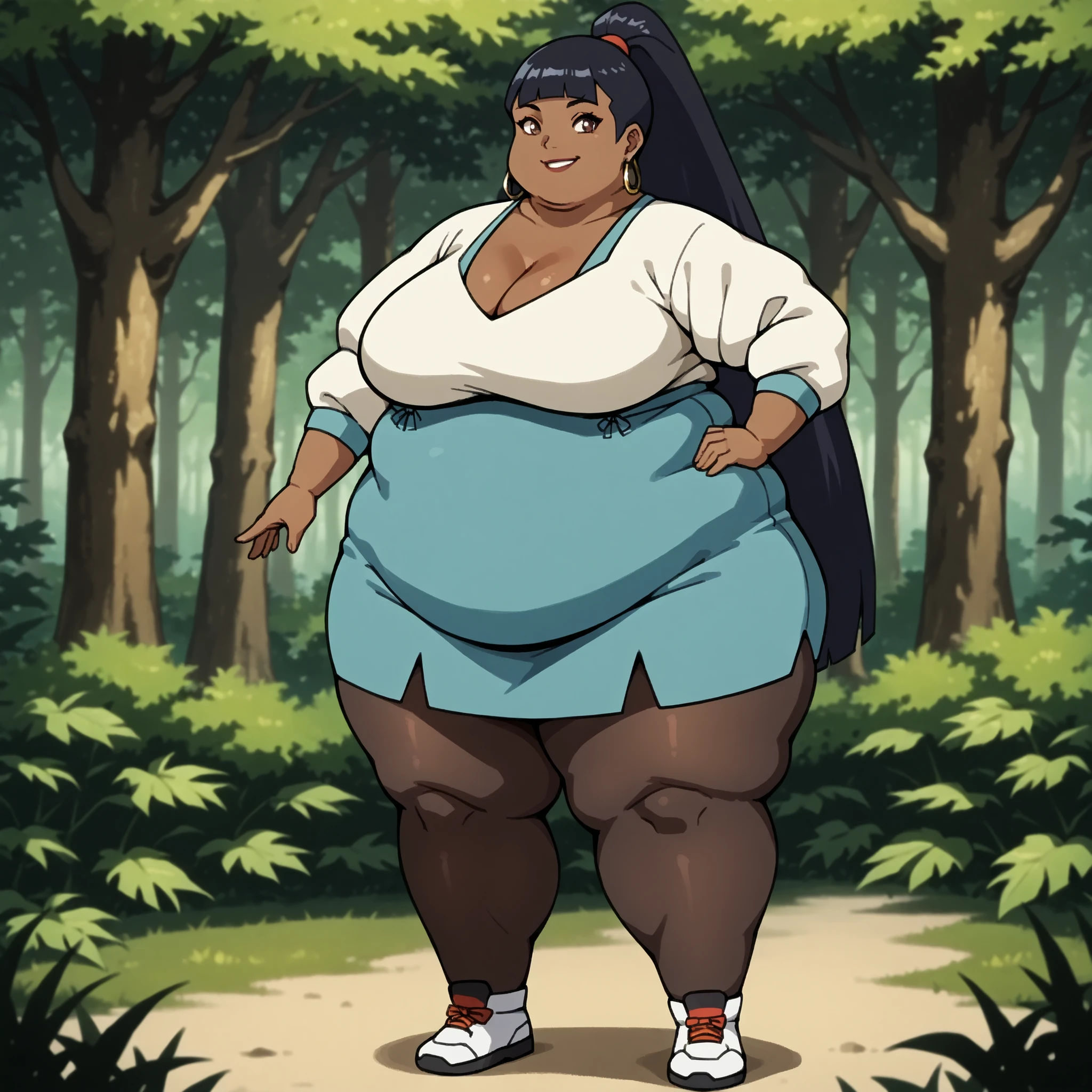 haylin, haylin, black hair, blunt bangs, ponytail, very long hair, brown eyes, dark skin ,hoop earrings, bottom lip, pacifica outfit, cleavage, long sleeves, pantyhose, breasts, wide hips, thick thighs, full body, 1girl, solo, solo female, score_7, score_7_up, forest background, smiling,
