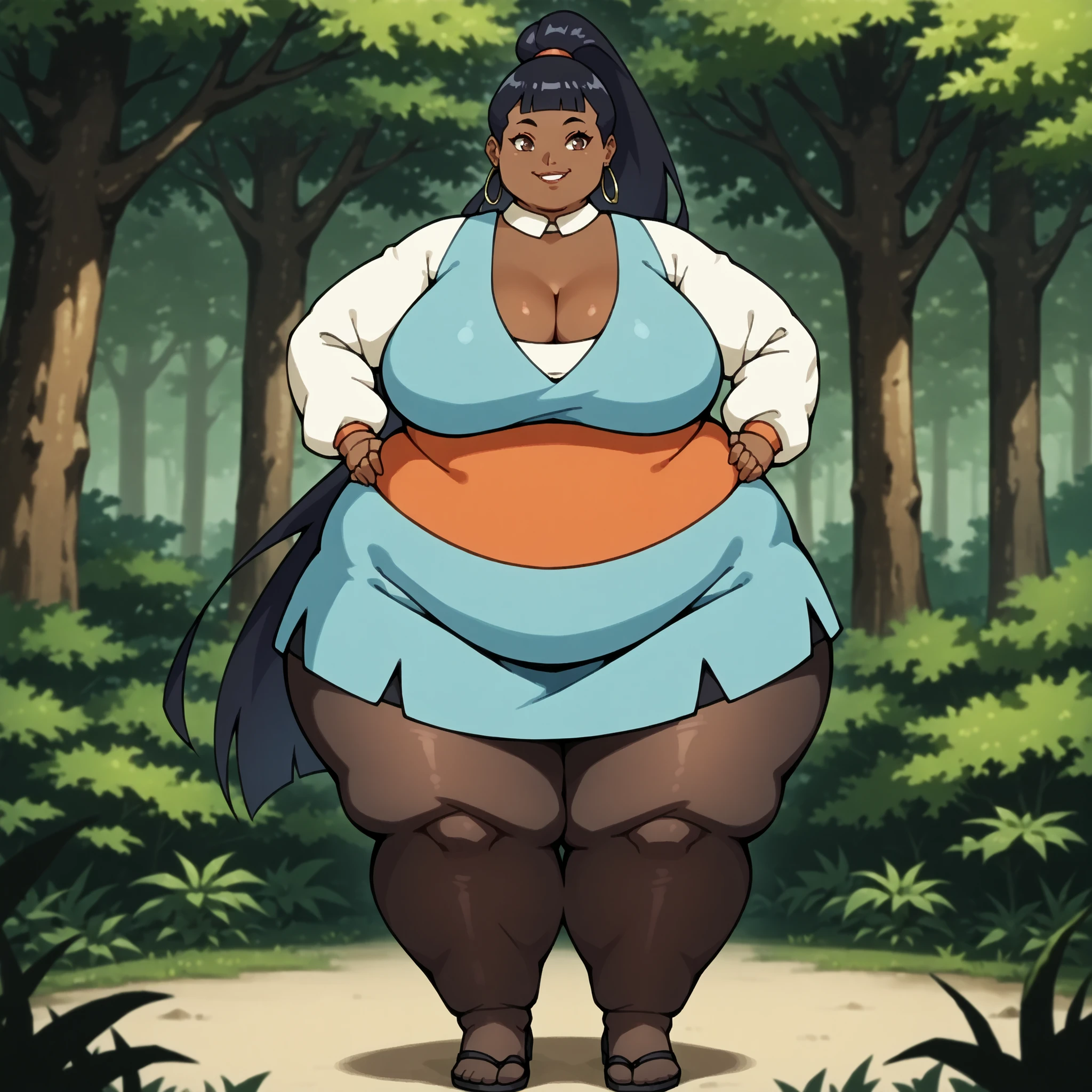 haylin, haylin, black hair, blunt bangs, ponytail, very long hair, brown eyes, dark skin ,hoop earrings, bottom lip, pacifica outfit, cleavage, long sleeves, pantyhose, breasts, wide hips, thick thighs, full body, 1girl, solo, solo female, score_7, score_7_up, forest background, smiling,