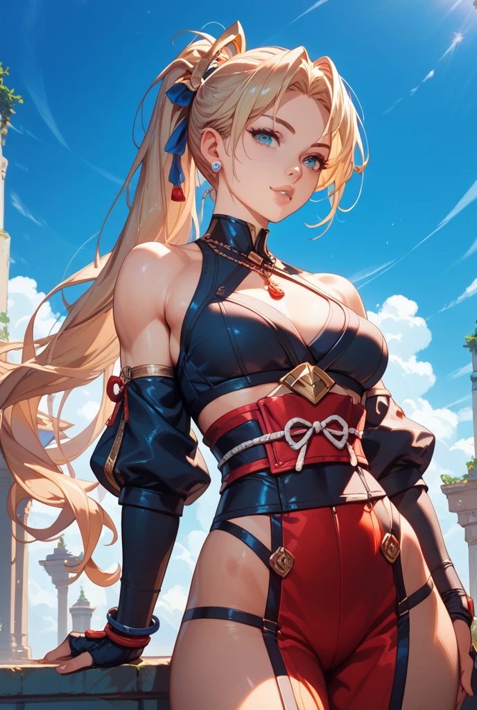 solo, A beautiful evil lady assassin , wearing a short skirt, gazing condescendingly at the viewer with a scornful grinning expression, ((heart marks are floating in the background, kiss, blow a kiss to the viewer)), (((opening your legs))), (not showing your skin), extremely detailed , masterpiece quality, ultra-detailed, HDR, vivid colors, physically-based rendering, thick muscular thighs, beautiful muscular thighs, attractive buttocks, High resolution, masterpiece, accurate, Anatomically correct, Winner of numerous awards, best quality, detail, high detail, high quality, quality, Retina, Very detailed, Textured skin, Ultra high definition, (((attacking the viewer))), blonde twintail, battle, fighting, victory, seduction, temptation, japanese castle