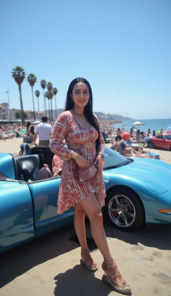 Female 25 years old, grandes pechos, muslos apretados, melena recogida, riendo, sonrisa muy bella, atractiva, cara inocente, extremadamente guapa, feria, fairground, sentada en un coche choque, car stumble, traje de sevillana, escote