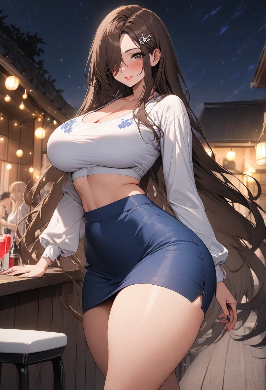 (highest quality, masterpiece:), ultra-high resolution, shoot from behind, looking back, night, in the pool bar, Korean photo model, young and beautiful gravure idol, 23 years old, tight, wearing a Sailor Moon Outfit, mini skirt, white panties, high leg, gigantic breasts, puffy nipple:1.4, skinny, bangs, long hair, light brown hair, forehead, unkempt hair, gorgeous earrings, beauty, victory smile, mature woman, please face forward and look at the camera,