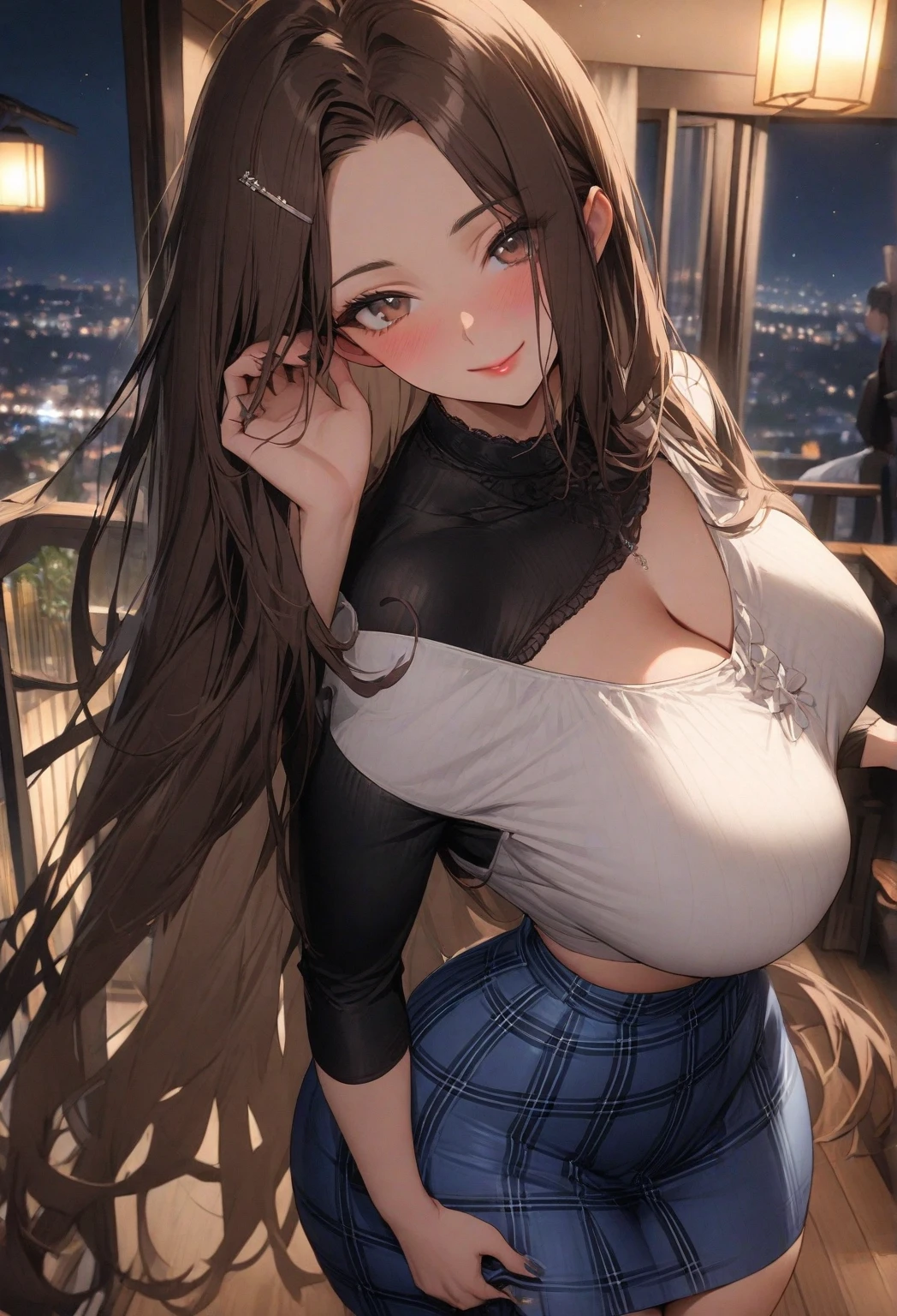 anime, 28 year old woman, taking a selfie, mischievous smile, long hair, dark hair color, stylish hairstyle, side hair long lush hair, long curls of hair pulled to the sides, Braids within the hair, curvy body, proportional body, sexy girl, beautiful mature girl, lovable character, crop top, short skirt, clarity, detailed, detailed face, very detailed drawing, smile, flirty look, city background, saturated background, perfect composition, soft natural volumetric cinematic perfect light, masterpiece