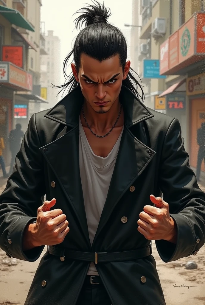 (masterpiece, best quality:2.0), trending, best art, great details, close up portrait 3/4 view, perfect face, solo, male focus, 1boy, (mature male:1.9), (masculine:1.6), uchiha madara, (long hair:1.7, red iris, hair over one eye), denim jacket, punk vibes, wide evil smirk, showing teeth, showing middle finger, dark alley background, perfect hands anatomy, best quality finger anatomy, cold lighting, saturated smooth colors, easynegative