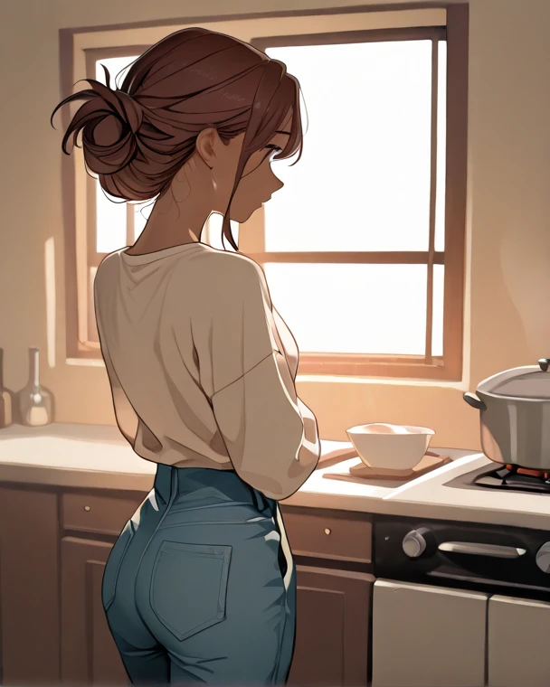 sole girl, MILF, housewife cooking in the kitchen, stand in front of the sink, turn her back on camera, detailed background, detailed arms, very long brown hair, high resolution, (symmetrical clear eyes:1.2), sense of depth, 16k, best quality, masterpiece, detailed illustration