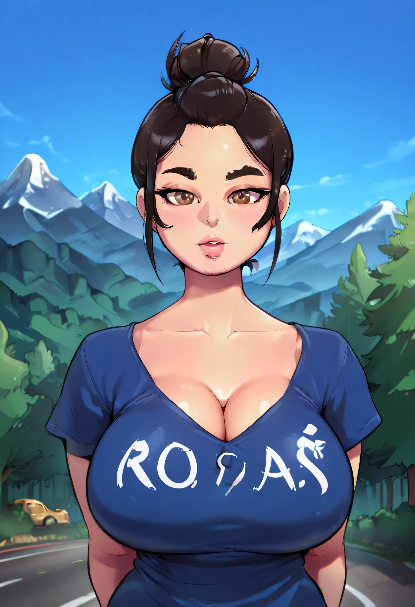 (Perfect Face, Perfect Body), Black Hair, (Top Knot Hair Bun), (Forehead), Black Thin Eyebrows, Dark Brown Eyes, Nose, Lips, Pink Lips, Parted Lips, Collarbone, Cleavage, (Big Breasts, Perfect Breasts), (V Neck T-Shirt, Blue V Neck T-Shirt), Arms Behind Back, Looking At Viewer, (Blue Sky, Trees, Mountain, Roading), (Kitana)
