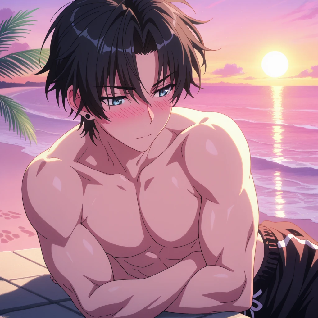 absurdres, highres, ultra detailed, HDR) master piece, best quality, Wriothesley, black hair, expressive blue eyes, genshin impact, solo, sexy man, handsome, toned chest, sensual, black shorts, sea, beach, sunset, lying on the sand