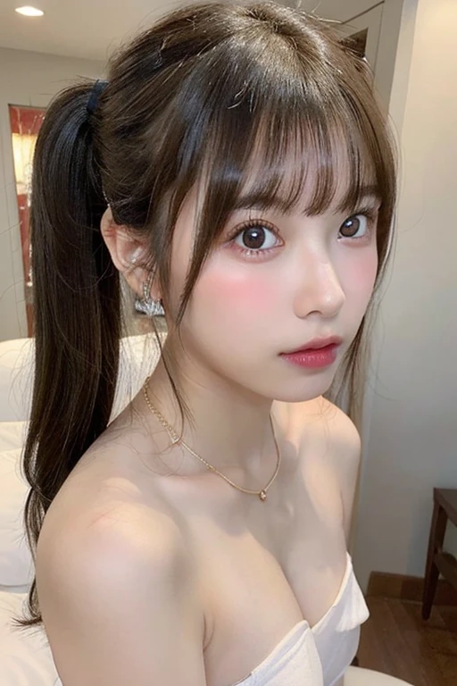 highest quality、8K、ultra high resolution、Super detailed face and eyes、Highly detailed face and skin texture、glowing skin、shiny skin、master piece:1.3、1 girl、super detail face、delicate eyes、double eyelid、(whole body、full shot)、short ponytail、20-year-old、brown hair、A sluggish smile、An embarrassed face、pink swimsuit、pink bikini、resort