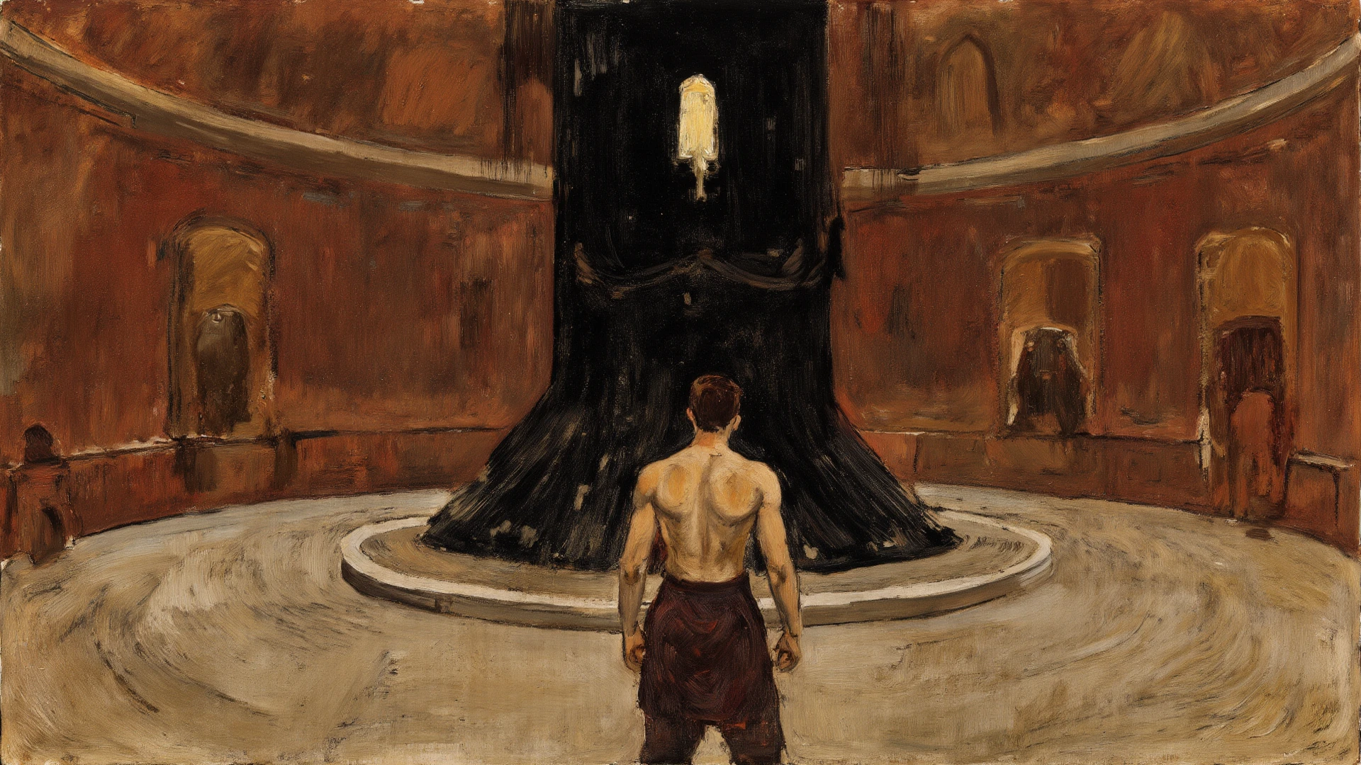 ((Best Quality)), ((Masterpiece)), (detailed) ,(Renaissance style), man turning his back, with a misaligned style, in a dark, lonely room staring at a campfire in the corner, with a heart on fire in his left hand