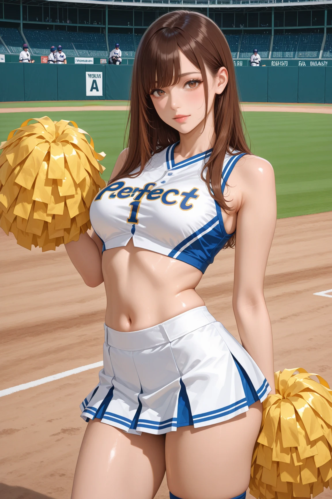 1girl in、Top image quality、Young Adult Women、hposing Gravure Idol、A slender、a blond、blue eyes、Stadium、cheer leading、cheerleaders、Buruma、sneakers、Holding a pom-pom in your hand、Do not put pom-poms on your head、A slender、realisticlying、ren、Correctly depict the structure of the human body、Anatomically correct depiction、beautiful foot、A slight smil、Active Pose、