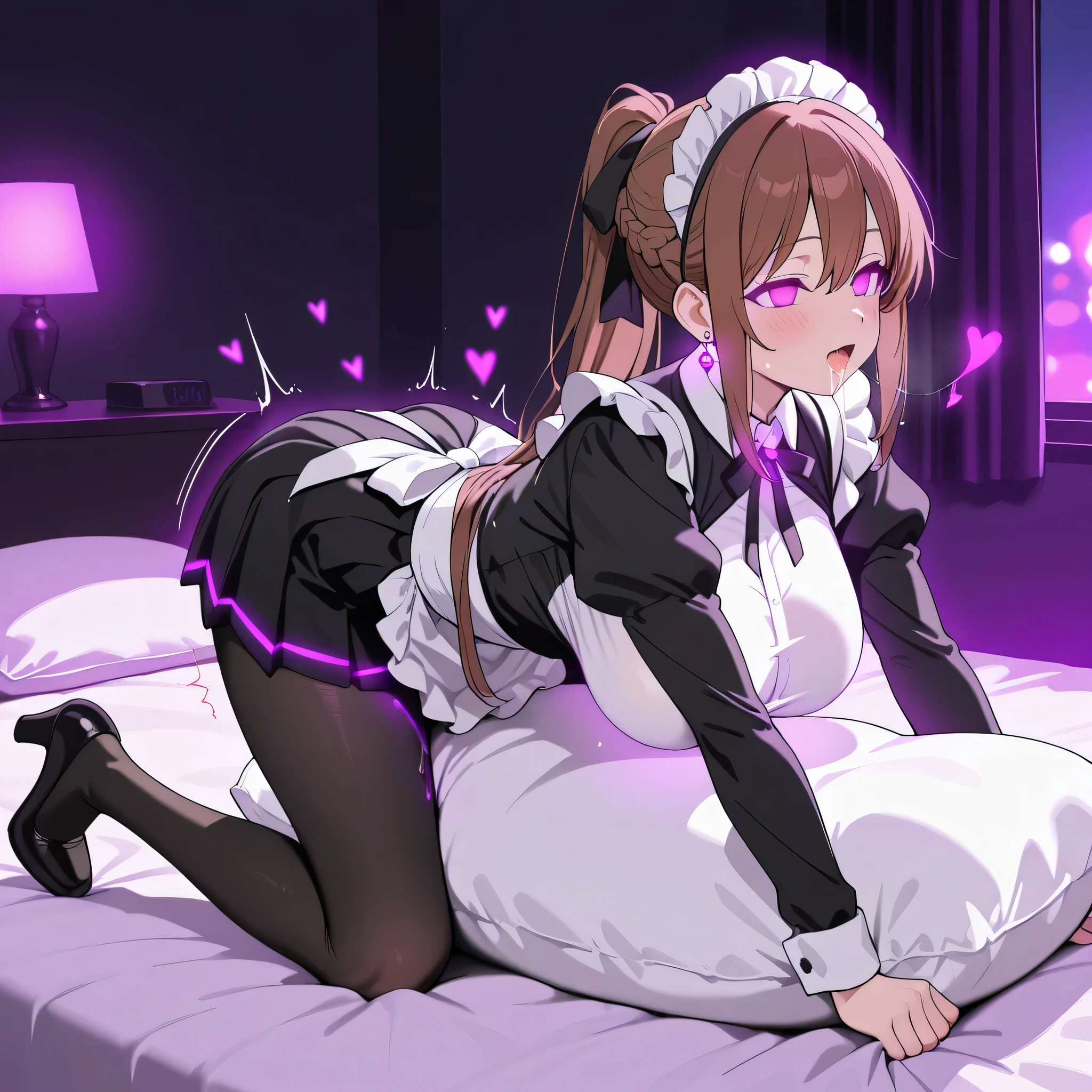 score_9, score_8_up, score_7_up, 1girl, sole female, only female, (top quality, 8k), high resolution, smooth, best quality, highly detailed, bedroom at night, in bed, purple light, (dark room), large breasts, glowing hypnotic waves in the background, at night, masterpiece, high quality, absurd resolution, blush, happy, glowing yellow eyes, empty eyes, orgasm face, bliss, orgasm, humping pillow, orgasm, maid, maid outfit, taut clothing, see-thru silhouette, boob tent, black pleated skirt, black pantyhose, high heels, breast focus, hanging breasts, jewelry, earrings, very long hair, brown hair, purple eyes, sidelocks, ponytail, french braid, maid headdress, black ribbon, very thin legs, long legs, black pantyhose, saliva trail, drooling, a lot of saliva, humping pillow, pillow between legs, motion lines, girl on top of pillow, cowgirl position, glowing hearts, hands on bed, all fours, hanging breasts