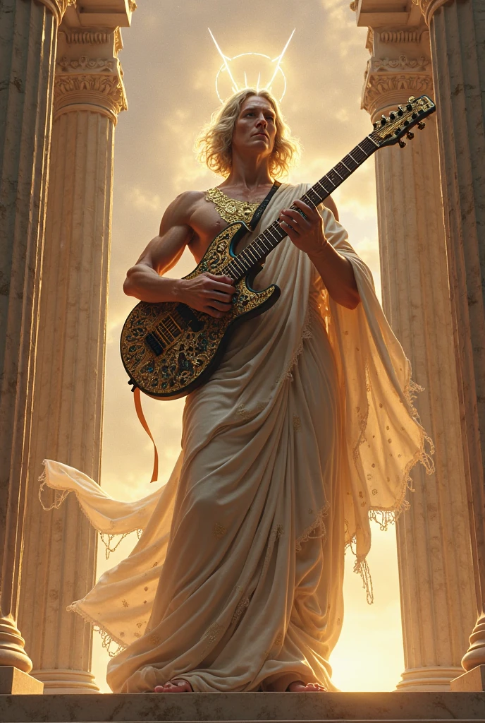 The god Apollo stands holding a guitar on the left hand and a drumstick on the right hand, realistic.