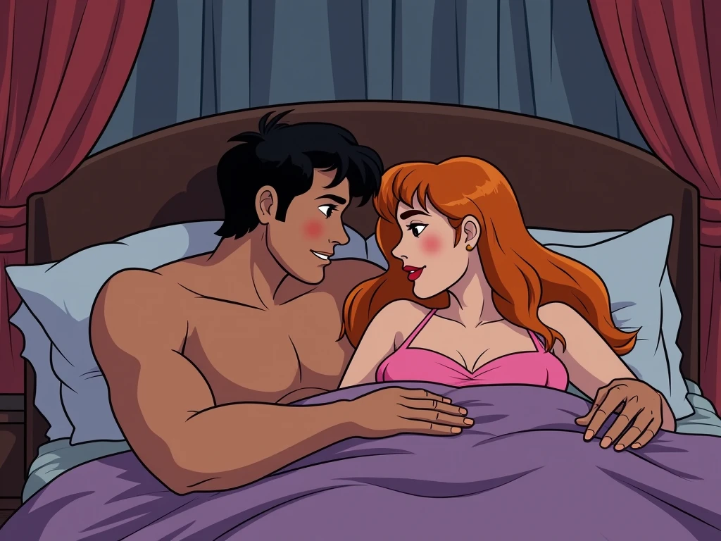 Amazing portrait of a young woman wearing white and orange striped t shirt and orange shorts and young boy wearing a navy blue t shirt and black shorts sitting on a bed together and kissing and making out passionately in a sexy and hot and lustful setting