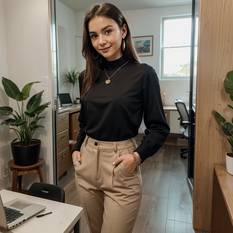 (medium full shot) of (esthetic school teacher) young woman, arabian, green eyes, tan skin, curvy, softly curled shoulder-length hair, wearing a mustard yellow fitted sweater, straight-leg pants, block heels, elegant wristwatch, natural foundation, smiling at the viewer, set in School Library, Study Zone, Serene area with study carrels overlooking the courtyard, modular shelving units for textbooks, a communal study table with task lighting, a corkboard for announcements, a rug with geometric patterns, at sunset, ,Masterpiece,best quality, photorealistic, amazing quality, very aesthetic, extremely detailed face,