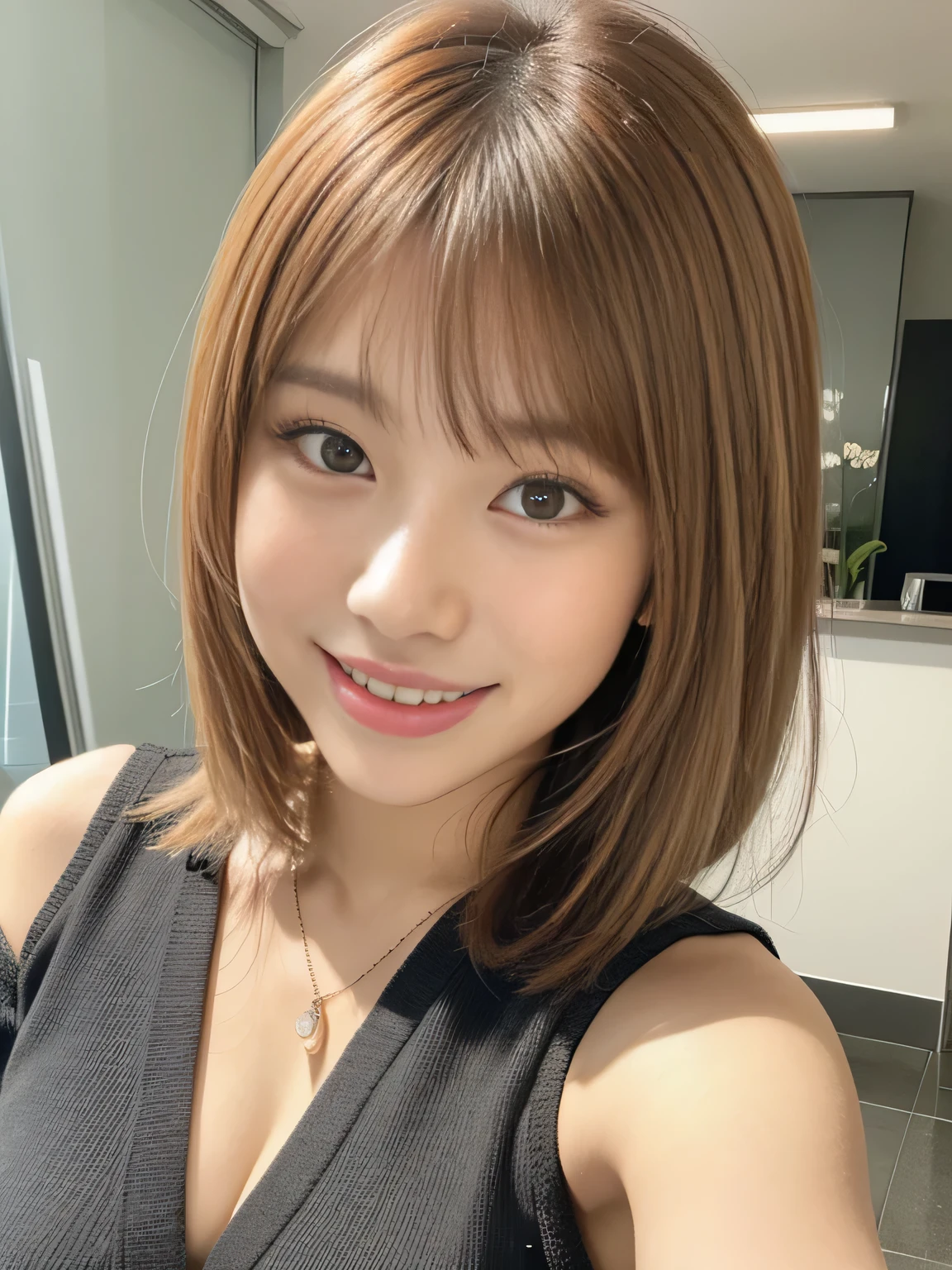 Beautiful woman, Blonde Hair, Sparkling blue eyes, Realistic, Tabletop, detailed, 4K, Pico Bangs Selfie。Pretty woman in front of the mirror, White and soft skin, A strong face, Korean women, iPhone, 手のdetailed