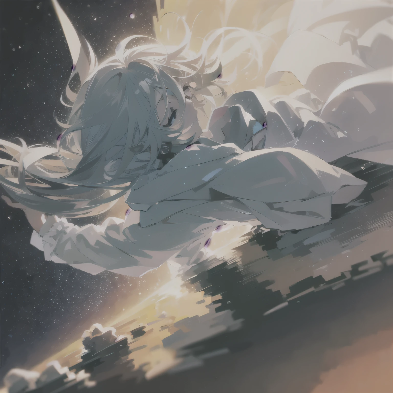 1girl, masterpiece, best quality, extremly detailed, Cinematic lighting, highres, official art, finely detailed beautiful face, high resolution illustration, 8k, dark intense shadows, overexposure, multicolored hair, gradient hair, white hair, medium hair, floating hair, upper body, ((dutch angle)), universe, space, sunshine, lens flare, galaxy, nebula, closed eyes, black top, white frill, colorful background, medium breasts,旋律,音符