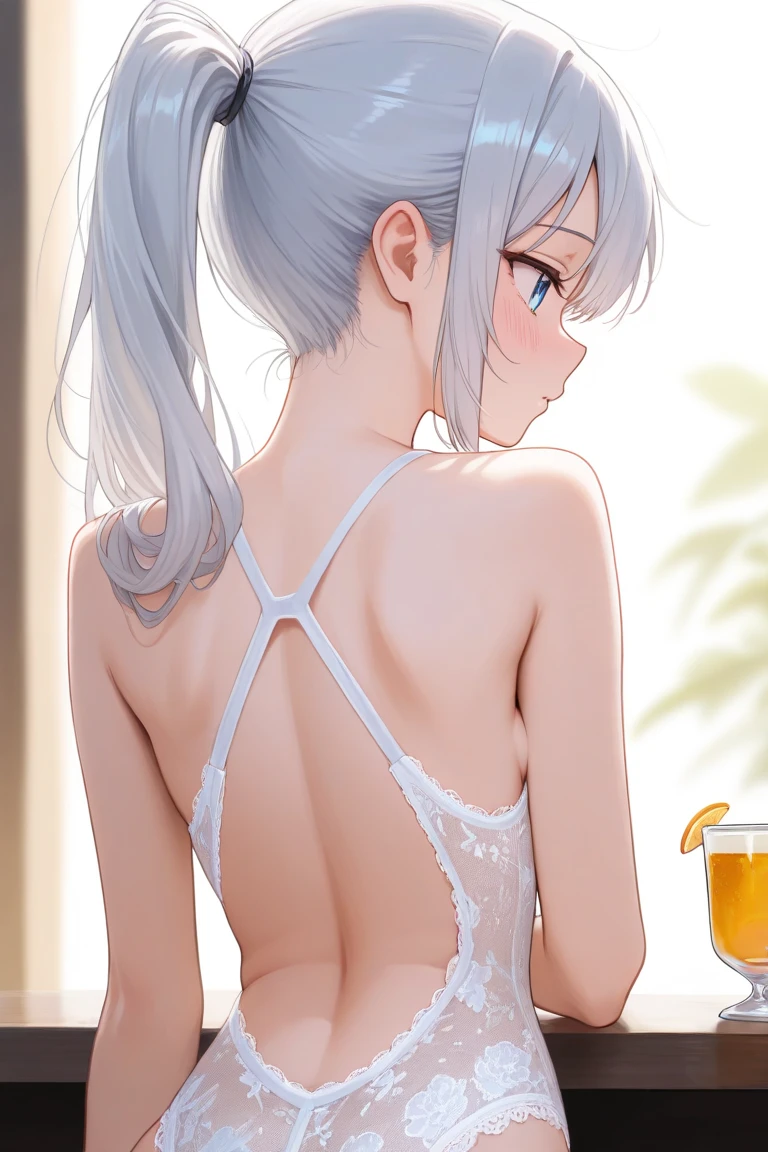 ((Best quality)), ((masterpiece)), (detailed), (perfect face), (very young teen girl), ((((very slim and very skinny body, narrow waist, slim flat belly)))), ((((small breasts)))), ((white hair)), ((horny blushes and smiles)), (clean shaved perfect pussy with swollen clitoris), absolutely naked, ((dressed in extremely thin and extremely narrow and (((absolutely transparent))) white loose maxi dress with (((extremely deep neckline))))), (((sexy poses in front of me))), (((at crowded public restaurant))), (no panties), ((((very thin and light and absolutely transparent loose dress, perfect small pussy visible)))), (straight front view)
