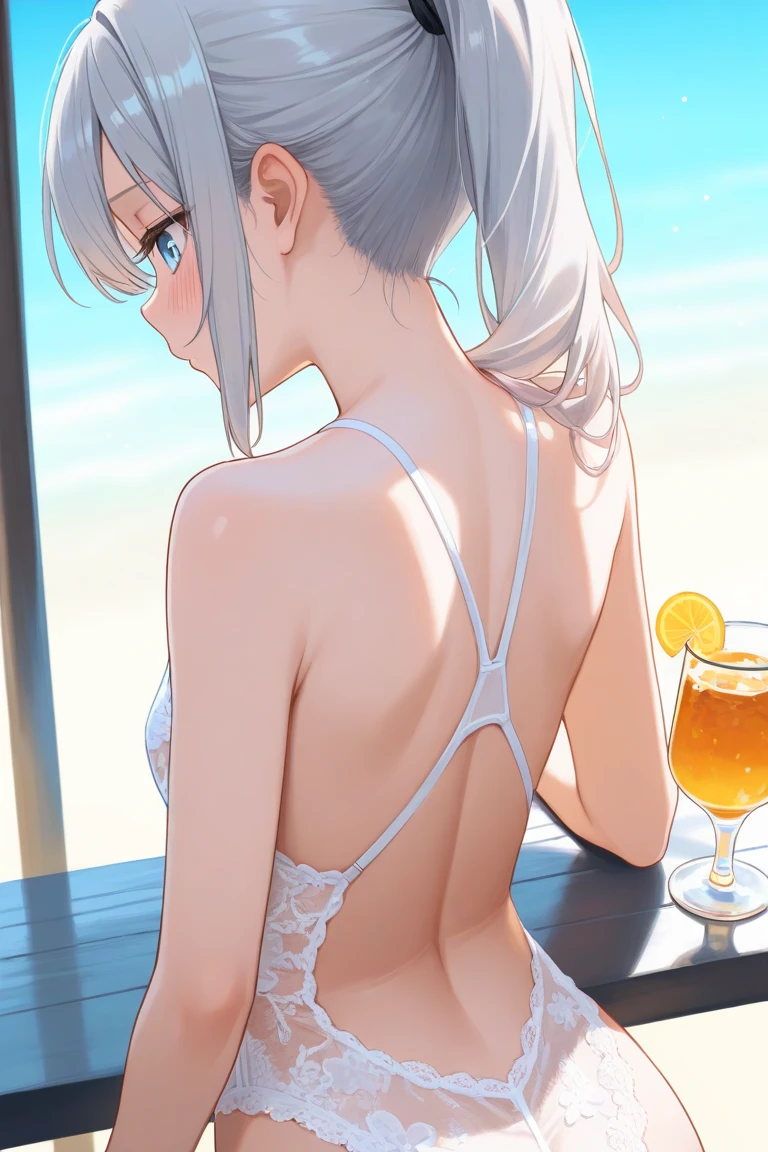 highest quality,8k,detailed,F cup bust、Very cute face、Beautiful thighs、Best Beautiful Legs、Slim and beautiful arms、Slim body、Very white beautiful skin、((((1 person、looking at the camera、smile、Thin white bikini、smile、sit、In the background are the urban buildings of Tokyo、Outdoor café terrace、Drink juice、I can't change my hair color、Cheek resting on hand、coastal、table))))、I can see the deep blue sky、She tilted her head slightly、The atmosphere is bright and lively、The woman is at the center of the image。