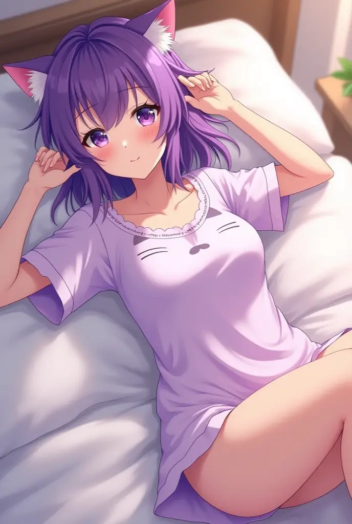 Lilac cute lingerie,Cute cat ear hairstyle,Cute anime girl,onbed