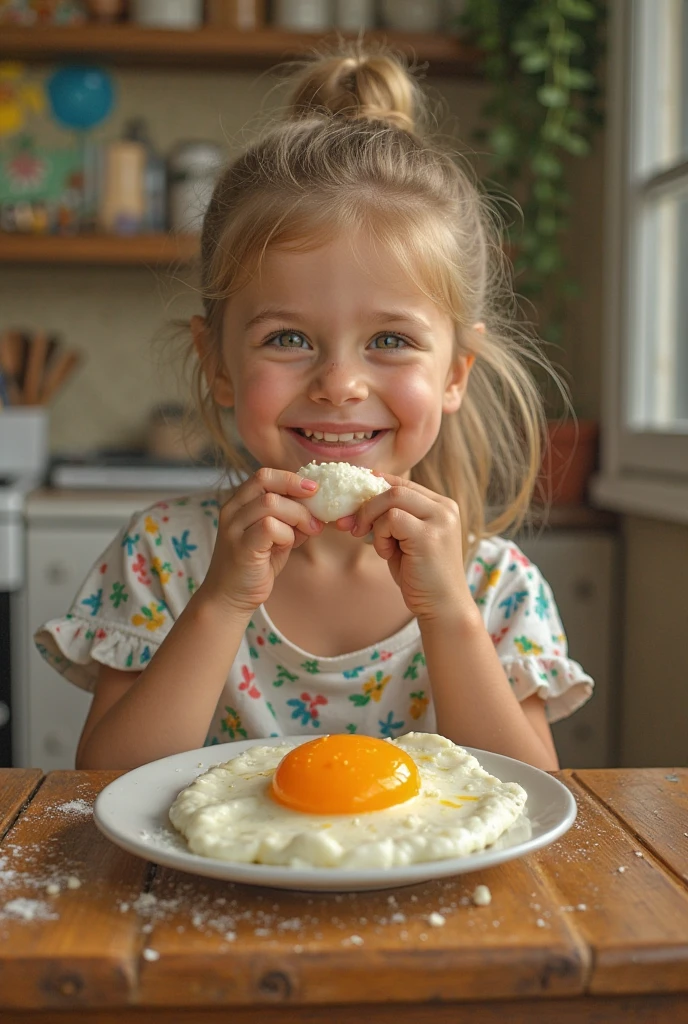 long blonde child girl hair , There is a plate of food with a lot of cheese.