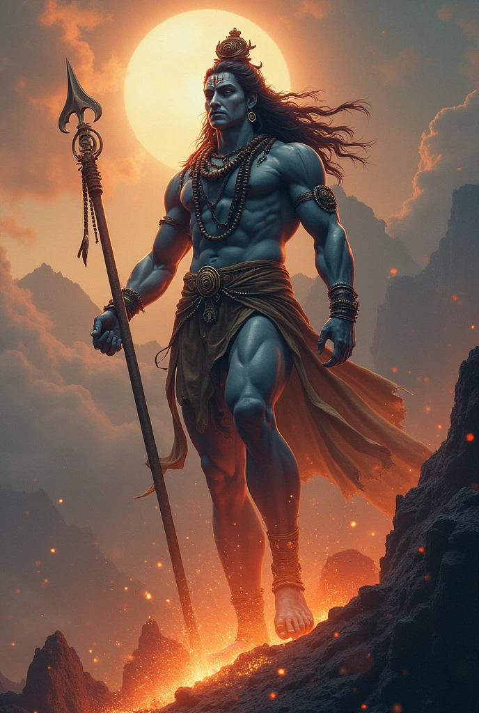 a powerful huge body, huge arms, muscular lord shiva, light blue tinted night sky with cloudy moon, lord shiva holding trishul, closeup shot, extremely detailed skin and well detailed eyes (best quality,4k,8k,highres,masterpiece:1.2),ultra-detailed,(realistic,photorealistic,photo-realistic:1.37),dramatic lighting,cinematic composition,intricate details,vibrant colors,mystical atmosphere, fire and foggy blurry environment