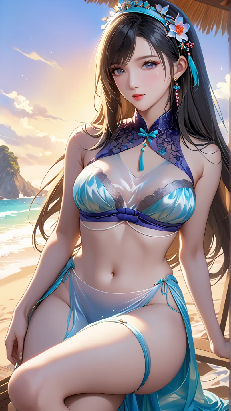 8K、top-quality、super high image quality、ultra - detailed、and soul、Super realistic sensuality、Potrat、Full body lesbian、an sexy、Super tall-legged、Beutiful women、wet white、The skin is transparent、slice、cross-eye、Stick out her tongue、blushed cheeks、smooth private parts、water flowing over skin、Clavicle is visible、blue long hair、eBlue eyes、Glossy glossy skin、extremely giant breasts、crisp breasts、Very big ass、Glossy glossy skin 、The beach at night is in the background 、There is a fantastic meteor shower in the sky