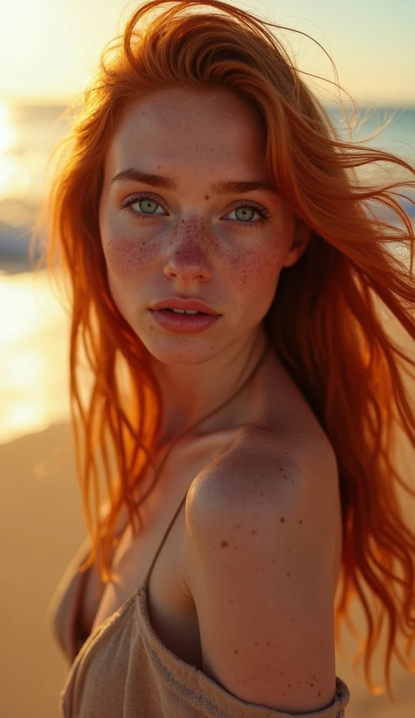 Redhead woman with freckles and lace bra on the beach, redhead woman, beautiful redhead woman, a young redhead, red hair with freckles, photo of a beautiful woman, red hair and freckles, windy long red hair, soft 8k portrait, woman with red hair, pale freckled skin, with curly red hair, wavy ginger hair, loose red hair