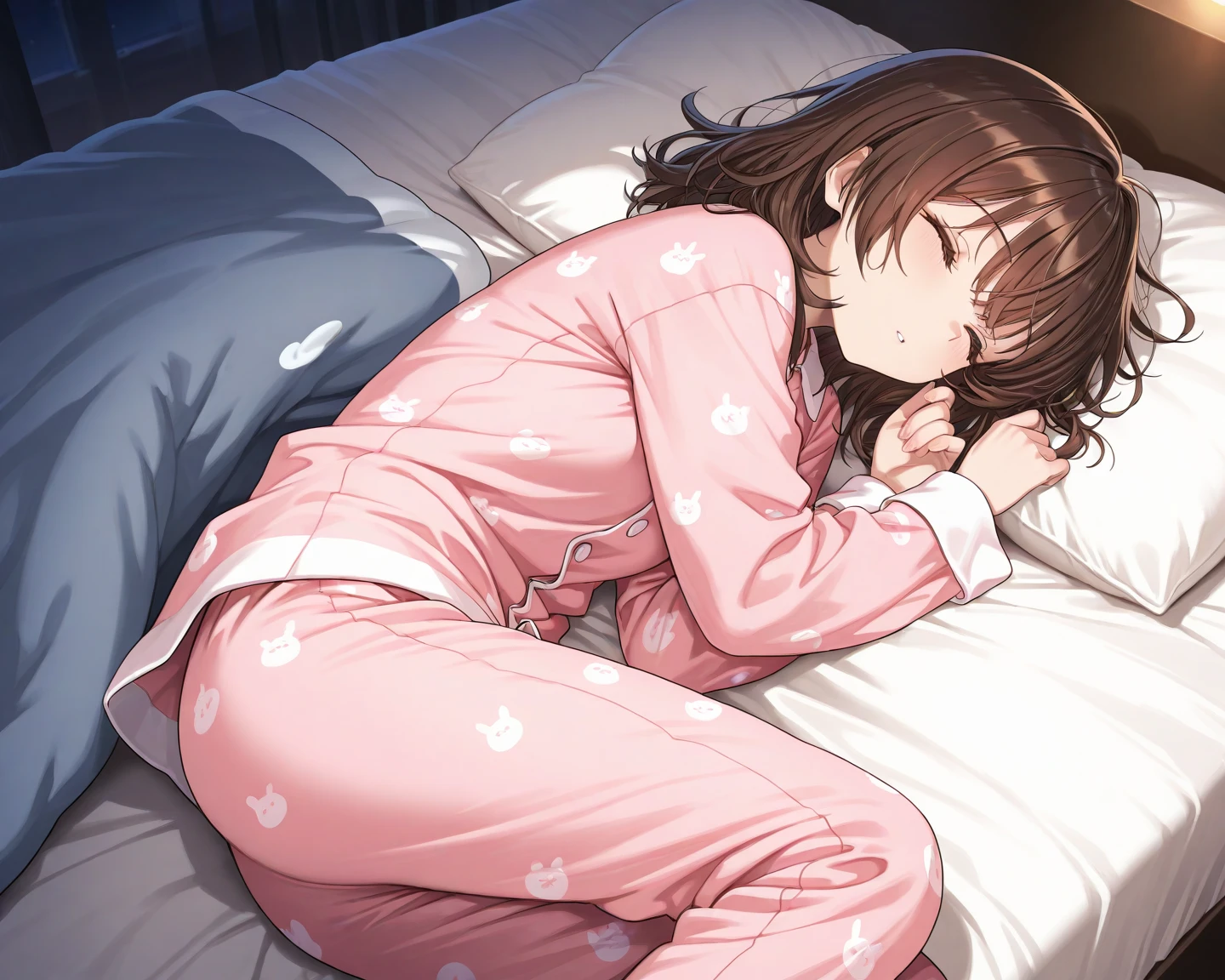 Sleeping girl, 22 years old, Realistic, She is wearing long pants, She is wearing pink pajamas, Brown Hair.
