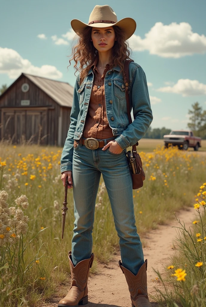 70s scene, film still of a shy and vulnerable woman, wearing long high waist jeans, leather jacket and blouse, em um campo verdejante