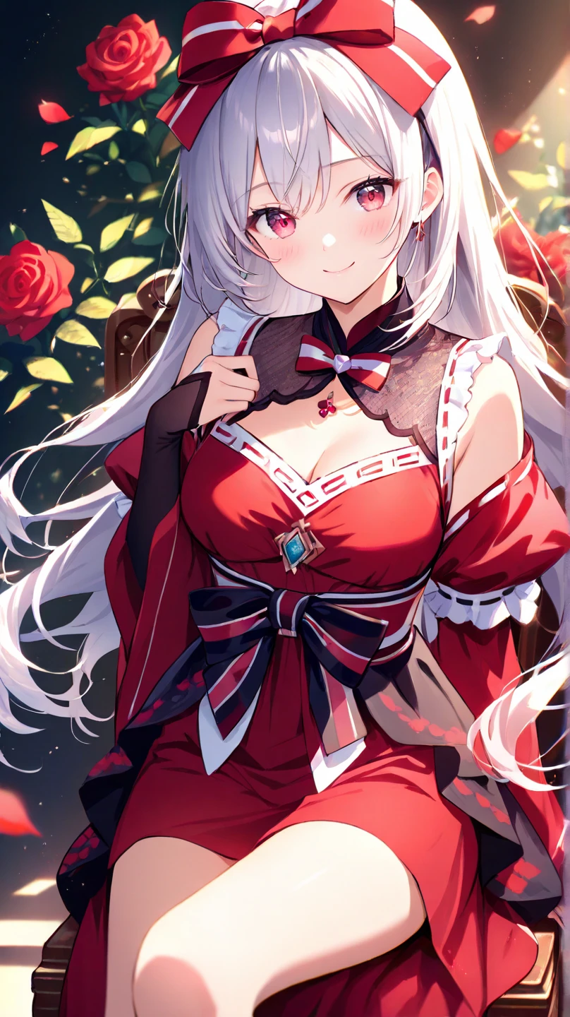 <lora:mudrock-03:0.7> mudrock, large breasts, red eyes, white hair, horns, (flower hair ornament:1.1), long hair, black dress, bare shoulders, floating hair, bow, ribbon, holding apple, vines, lily \(flower\), glowing, cleavage, head tilt, bokeh, masterpiece, best quality, highres, <lora:GoodHands-vanilla:1> nice hands, perfect hands