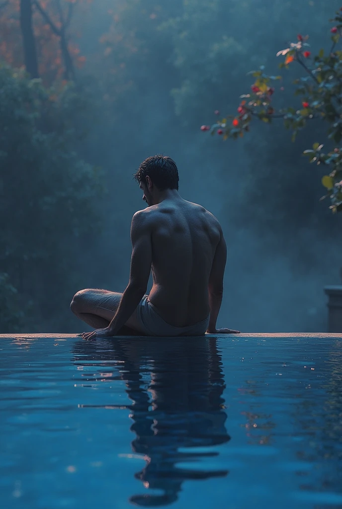 Handsome man bathing in a quiet lake on a full moon night