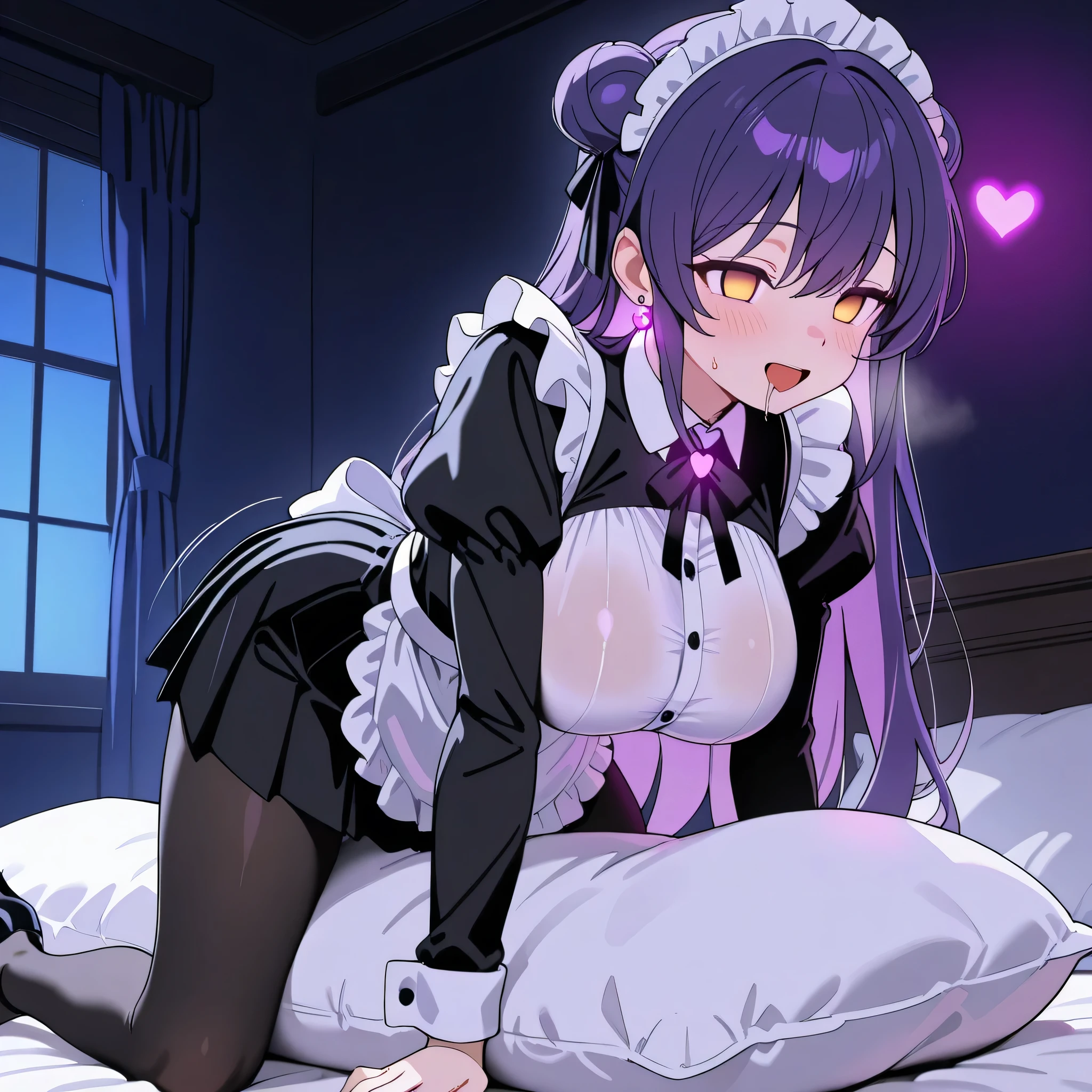 score_9, score_8_up, score_7_up, 1girl, sole female, only female, (top quality, 8k), high resolution, smooth, best quality, highly detailed, bedroom at night, in bed, purple light, (dark room), large breasts, glowing hypnotic waves in the background, at night, masterpiece, high quality, absurd resolution, blush, happy, glowing yellow eyes, empty eyes, orgasm face, bliss, orgasm, humping pillow, orgasm, maid, maid outfit, taut clothing, see-thru silhouette, boob tent, black pleated skirt, black pantyhose, high heels, breast focus, hanging breasts, jewelry, earrings, very long hair, purple hair, purple eyes, hair bun, maid headdress, black ribbon, very thin legs, long legs, black pantyhose, saliva trail, drooling, a lot of saliva, humping pillow, pillow between legs, motion lines, girl on top of pillow, cowgirl position, glowing hearts, hands on bed, all fours, hanging breasts