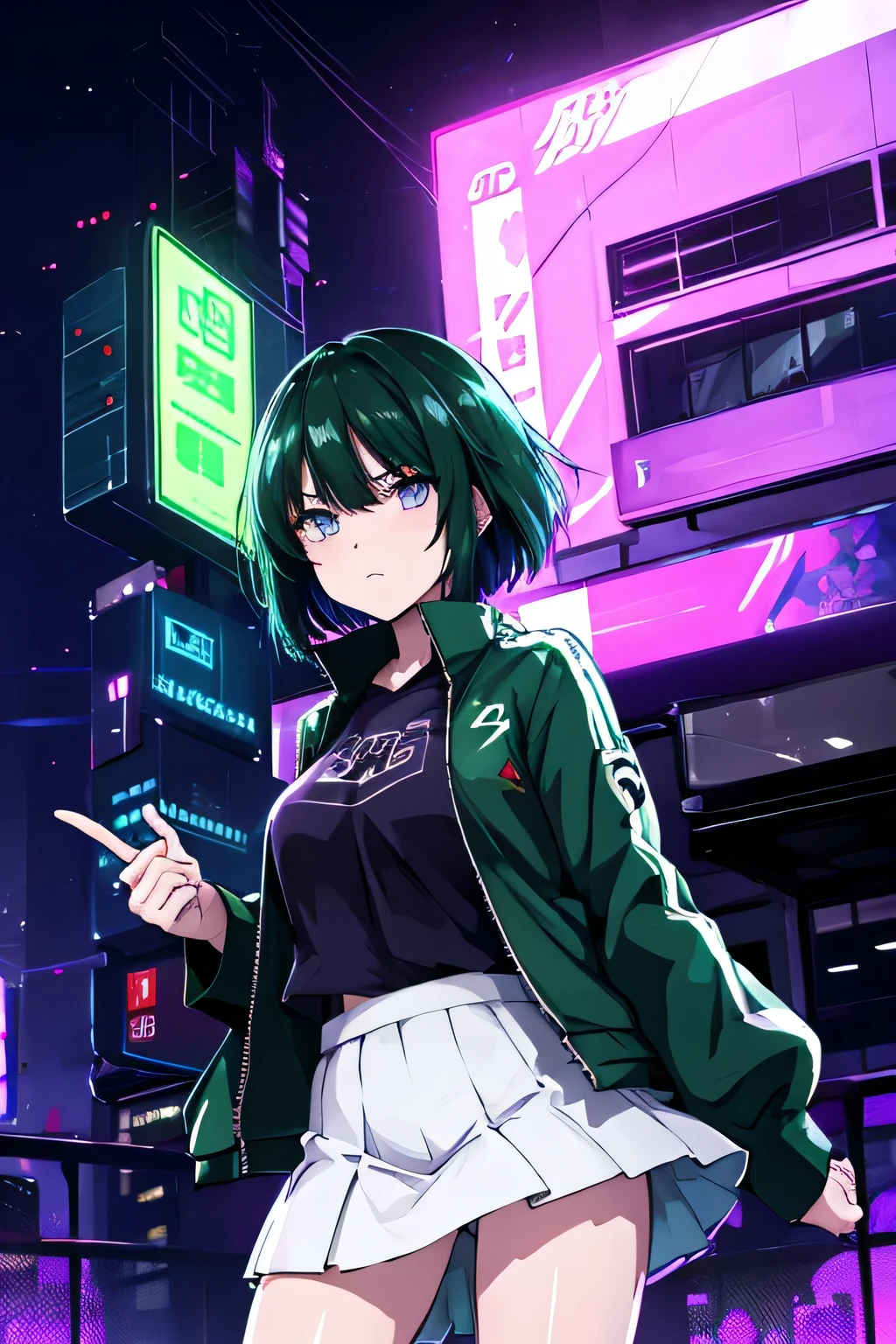 Anime、High Definition、high resolution、masterpiece、short hair、woman staring at you、angry amidst enemies、green hair、PURPLE EYES、Heavy Rain、Night City、cyberpunk、neon sign、see-through blouse that makes you shiver at the height of sexual desire、white mini skirt with green book、subway entrance、big street tree、angry amidst enemies、red short jackets、cyberpunk、neon sign、