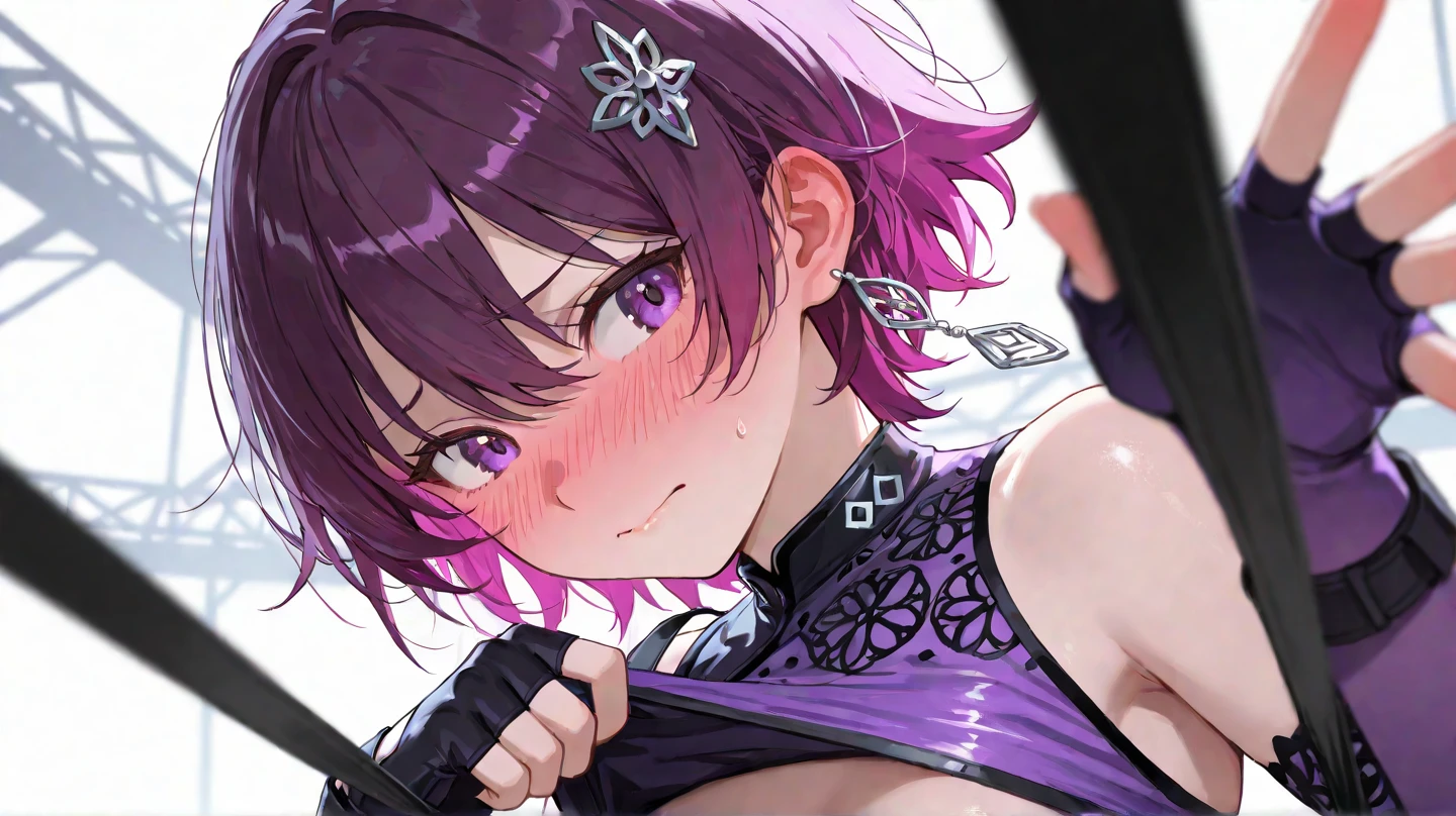 A masterpiece of artistic excellence, this illustration is of the highest quality and resolution. The image depicts a young woman with pink hair and grey eyes, her hair cut short and decorated with a single flower. She wears a gothic-inspired dress, and her breasts are small in size. The woman gives a sweet wink, adding to her allure. graffiti style, maximalizm style, wildstyle style.

